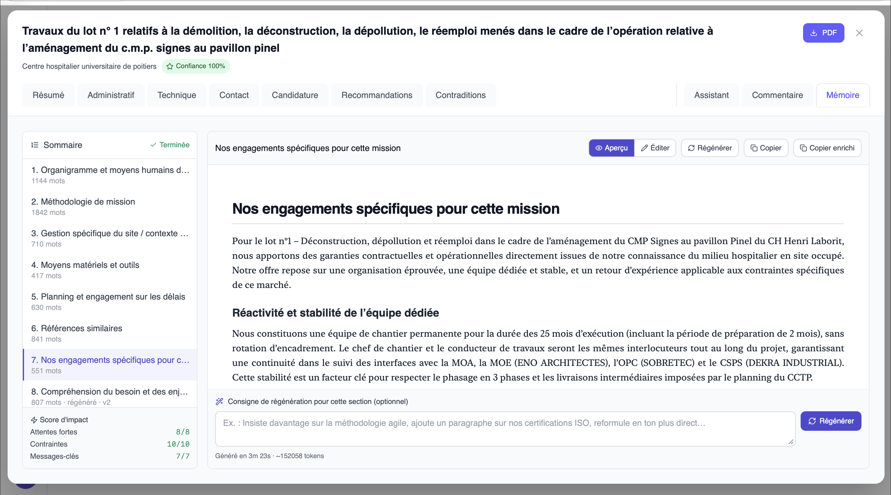 Édition de la mémoire technique avec suggestions IA